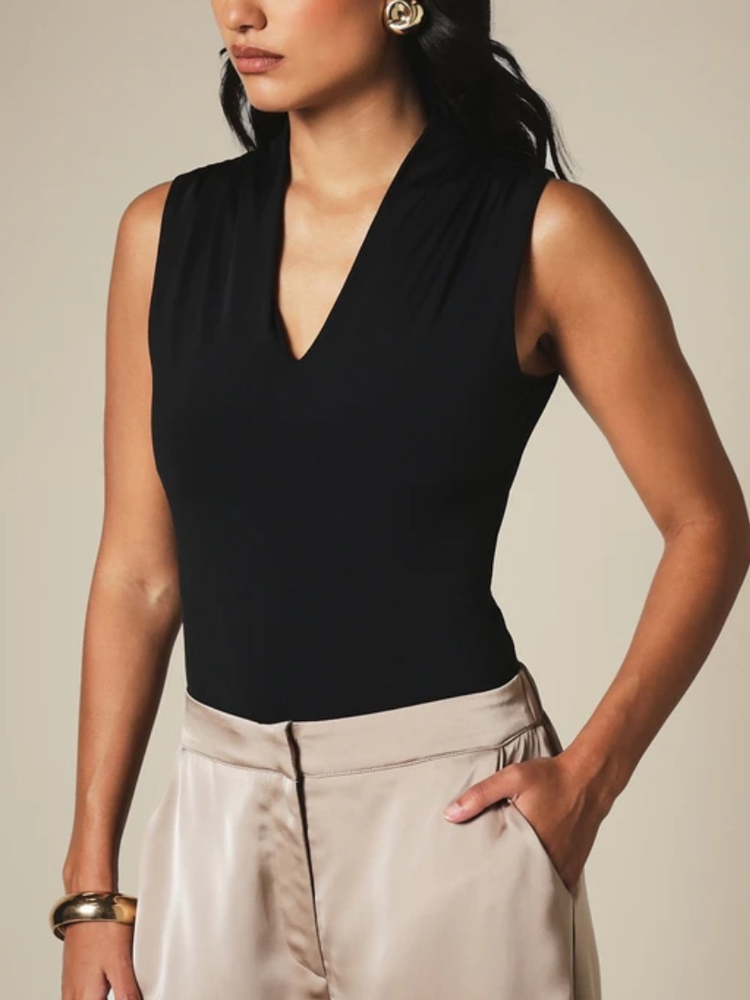 Sleeveless V-Neck Black Stretchy Bodysuit Top